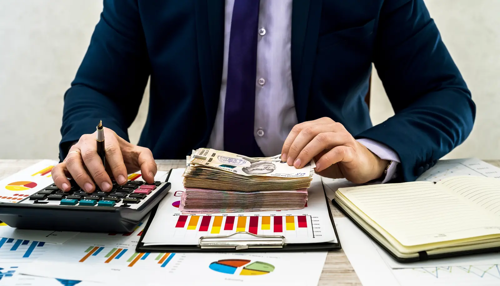 Business owner reviewing sales figures and receipts at a desk